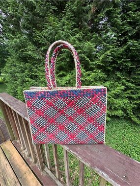 Woven Red & Blue Pandan Tote Bag - Stylish Women’s Handbag